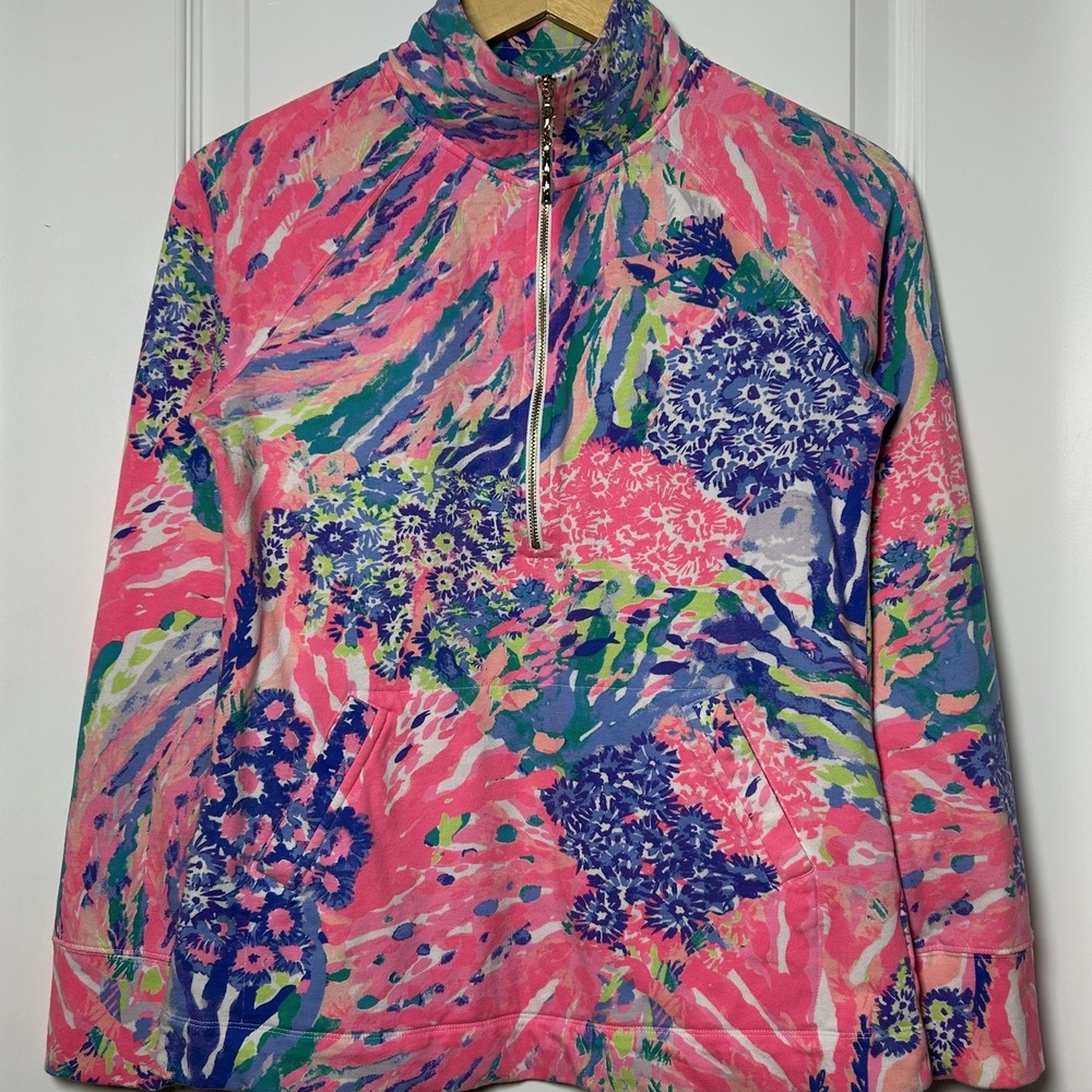Lilly Pulitzer Cotton Colorful Floral Abstract Print Skipper Popover Sweatshirt